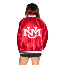 Load image into Gallery viewer, New Mexico Lobos Red Satin Letterman Bomber Jacket