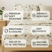 Load image into Gallery viewer, DaDalogy Enchanted Meadow Bed Sheet Set - Floral Harmony in Beige, Rose, and Soft Green, Premium Soft Microfiber, Machine Washable, Deep Pocket 14 - 15 Inches + Flat Sheet
