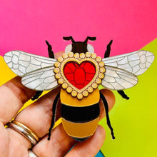 Load image into Gallery viewer, Victorian Age Inspired Insect Jewels Statement Acrylic Brooch - Bee with Diamond Heart by Makokot Design