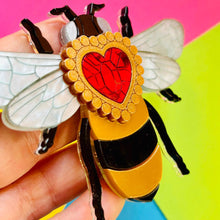 Load image into Gallery viewer, Victorian Age Inspired Insect Jewels Statement Acrylic Brooch - Bee with Diamond Heart by Makokot Design