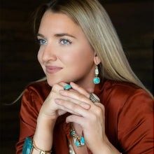 Load image into Gallery viewer, White Mother of Pearl and Blue turquoise Golden Bronze Drop Earrings