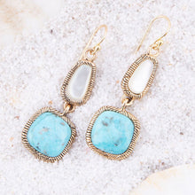 Load image into Gallery viewer, White Mother of Pearl and Blue turquoise Golden Bronze Drop Earrings