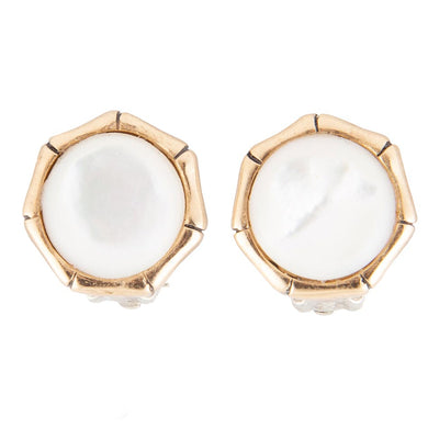 White Mother of Pearl Golden Bamboo Clip Earrings