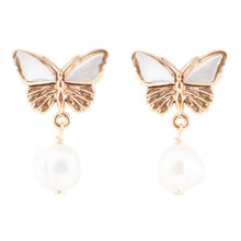 Load image into Gallery viewer, White Mother of Pearl Golden Butterflies Post Drop Earrings