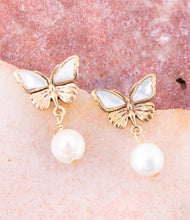 Load image into Gallery viewer, White Mother of Pearl Golden Butterflies Post Drop Earrings