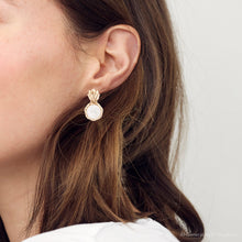 Load image into Gallery viewer, White Mother of Pearl Lotus Post Golden Drop Earrings