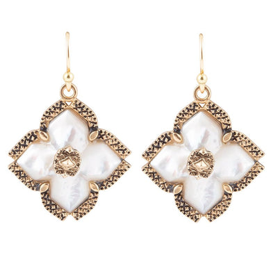 White Mother of Pearl Maltese Cross Golden Drop Earrings