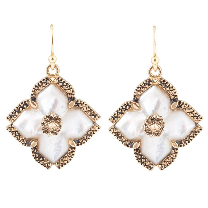 White Mother of Pearl Maltese Cross Golden Drop Earrings