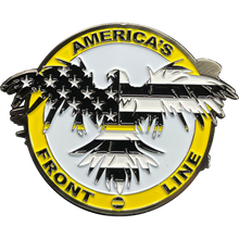 Load image into Gallery viewer, M-31 Thin Gold Line Flag and Eagle Police Challenge Coin 911 Emergency Dispatcher Yellow Line