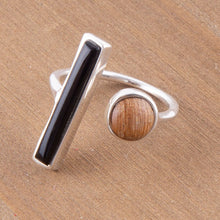 Load image into Gallery viewer, Brown Wood and Black Onyx Size Adjustable Sterling Silver Ring