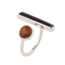 Load image into Gallery viewer, Brown Wood and Black Onyx Size Adjustable Sterling Silver Ring