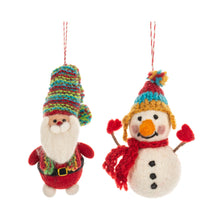 Load image into Gallery viewer, Felted Wool Santa &amp; Snowman Ornaments Set of 2