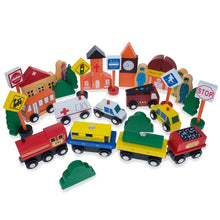 Load image into Gallery viewer, Set of 40 Pieces City Vehicles, Buildings, and Signs Wooden Blocks