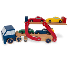 Load image into Gallery viewer, Set of Wooden Truck with Trailer and 4 Cars