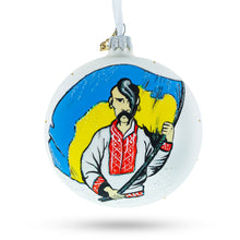 Load image into Gallery viewer, Kozak Carrying Ukrainian Flag Glass Ball Christmas Ornament 4 Inches