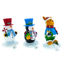 Load image into Gallery viewer, Set of 3 Holiday Stocking Holders Hangers – Snowman, Penguin, and Reindeer Christmas Mantel Decor