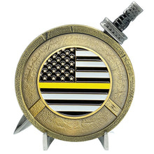 Load image into Gallery viewer, EL5-019 Thin Gold Line 911 Emergency Dispatcher Police Warrior Yellow Gladiator Shield with removable Sword Challenge Coin Set