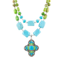 Load image into Gallery viewer, Zion Lime Green and Blue Turquoise and Sterling Silver Statement Necklace
